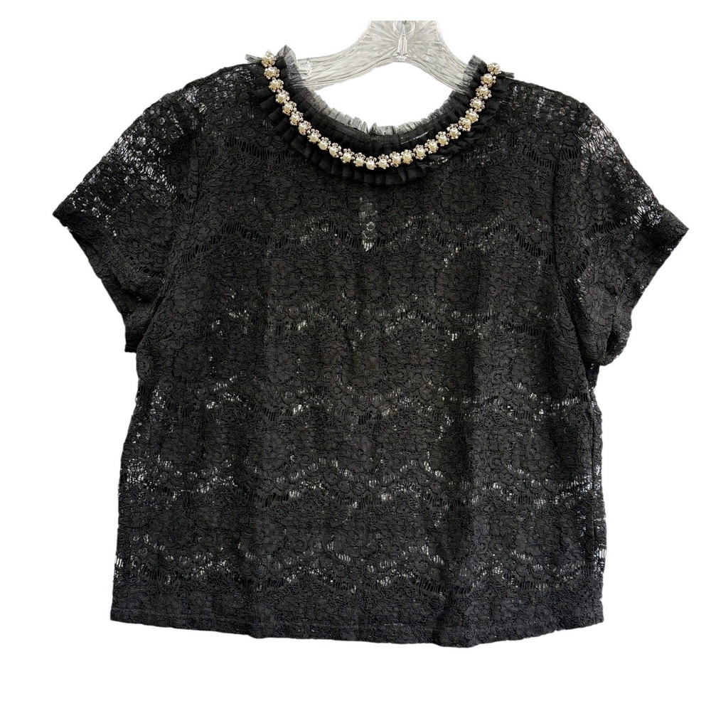 Bisou Bisou Black Lace Beaded Neck Blouse Sheer Floral Evening Party Top Chic M